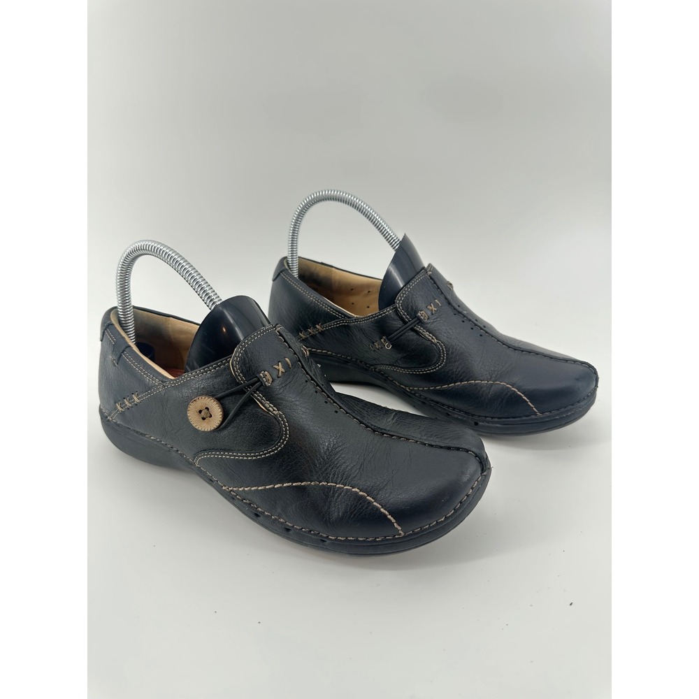 Clarks Structured Black‎ Leather Loafers Button Slip On Shoes Womens 9M 23071